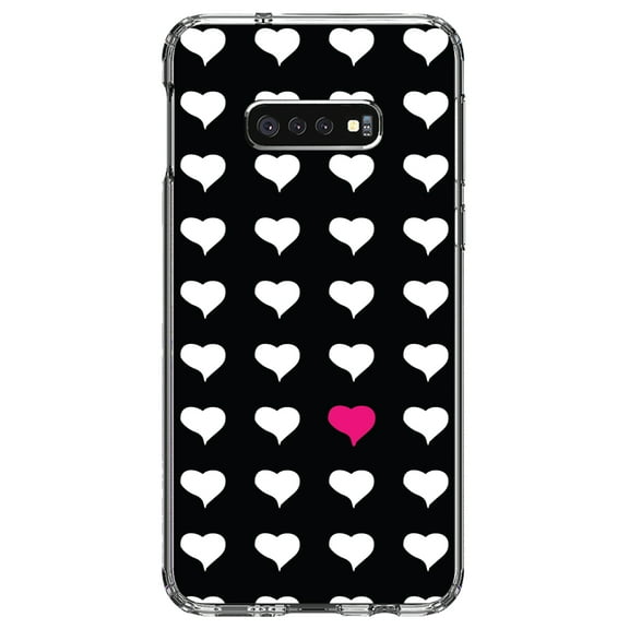 DistinctInk Clear Shockproof Hybrid Case for Samsung Galaxy S10e (5.8" Screen) - TPU Bumper, Acrylic Back, Tempered Glass Screen Protector - Pink White Black Repeating Hearts