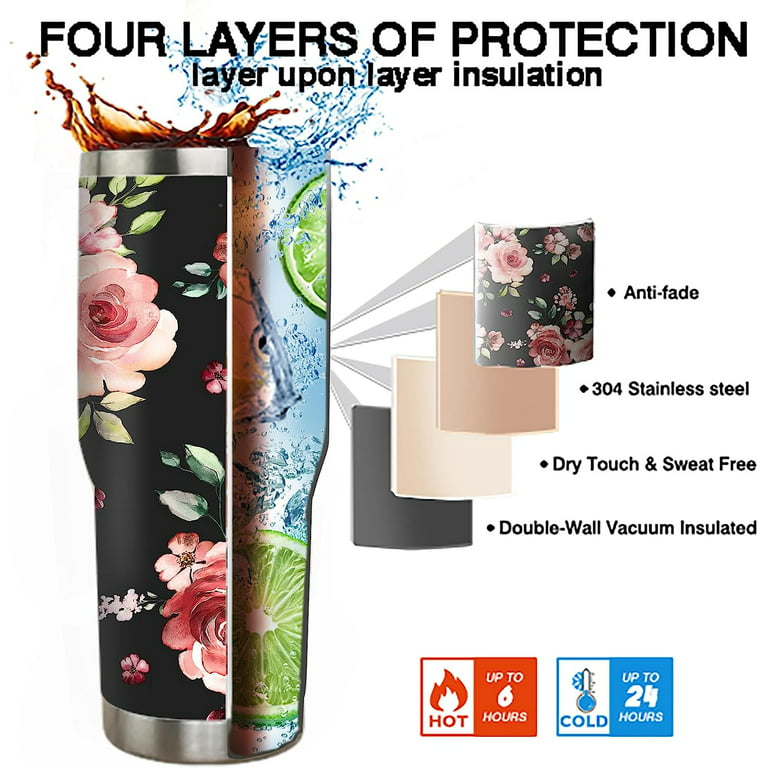 40 oz Tumbler with Handle and Straw Leak Proof 40 oz Floral Cup Insulated Stainless  Steel Flower Coffee Travel Mug Slim 40oz Flower Tumbler with Handle Floral  Decor Stuff Gift for Women 