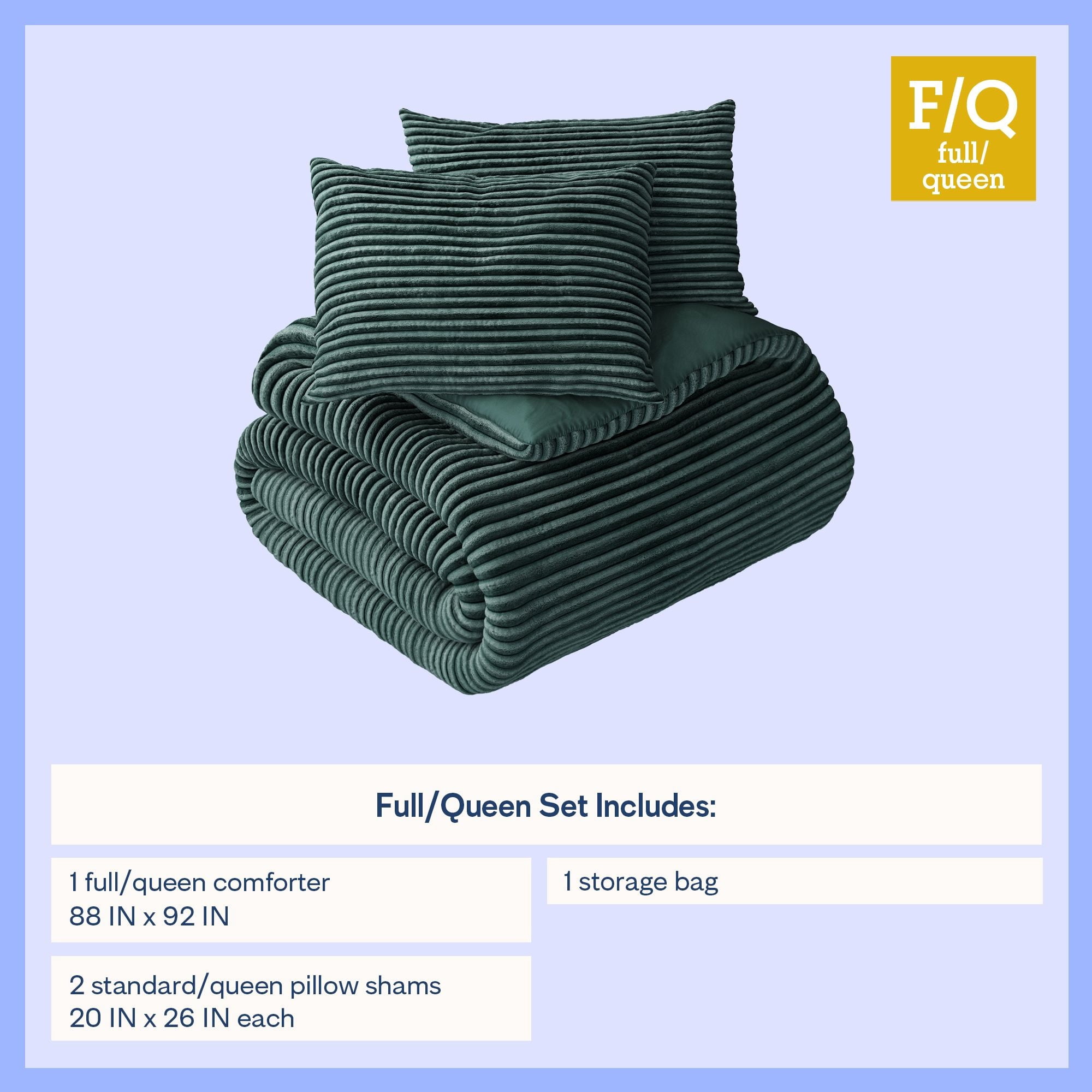 Mainstays Kids Dark Green Solid Plush Ribbed Corduroy Comforter Set, Full/Queen, 3 Pieces