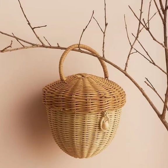 Acorn Basket With Lid Storage Basket Hand Bag Rattan Acorn Storage Basket Organizer Cute Handcrafted Decoration Artwork Wicker Newborn Photography Accessories