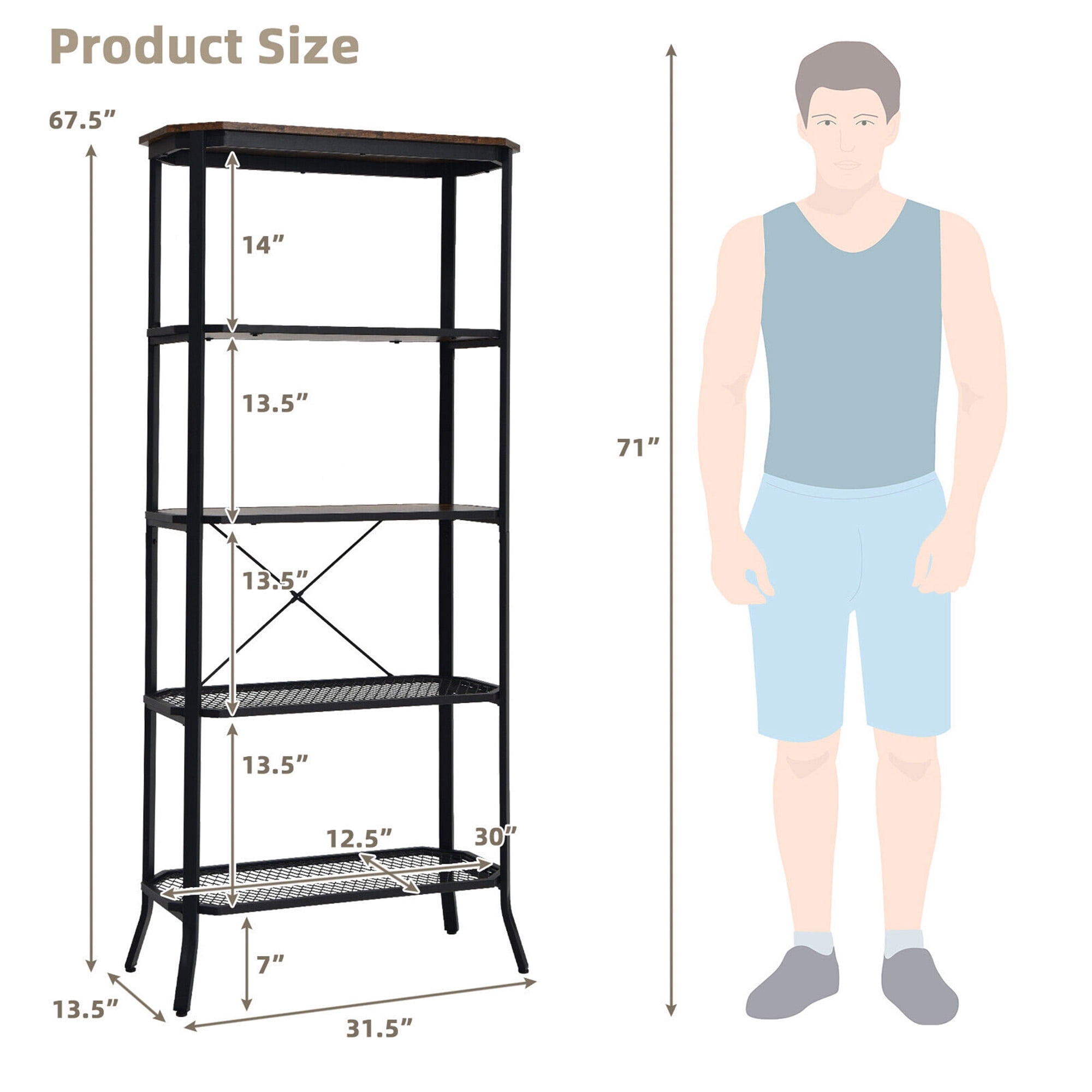 Gymax Fashion 5 Tier Bookshelf Standing Storage Shelf Unit for Kitchen Living Room Office