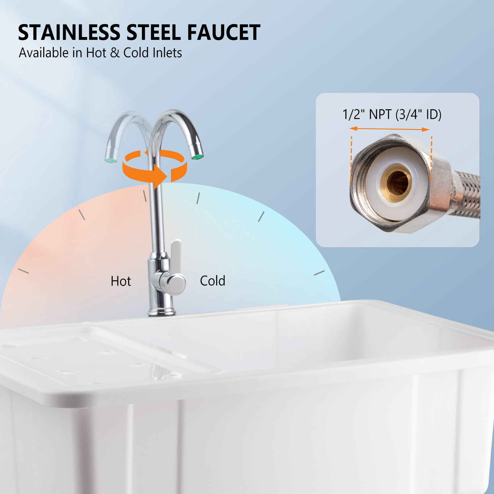 Spacious White Utility Sink Laundry Tub Freestanding Wash Station W/ Shelf, Removable Drainboard, Stainless Steel Faucet