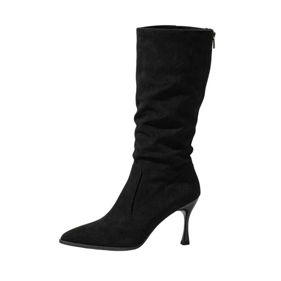 A-495 Black Ladies Fashion Casual Pointed Toe Boots Buckle Strap Mid Leg Slim Heel High Heeled Winter Solid Color Footwear