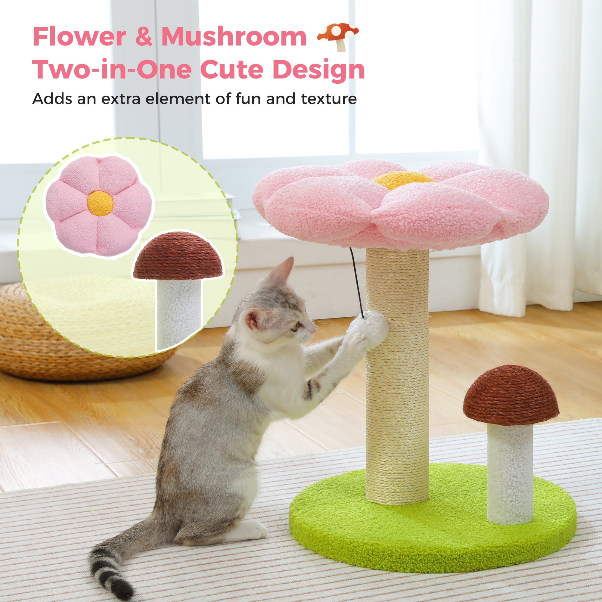 PEQULTI 19.7" Flower Cat Scratch Post, Cat Tree Tower with Removable Perch for Kittens and Small Cats, Pink
