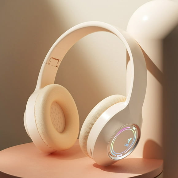 Auriculares inalámbricos beige con subwoofer, llamada inalámbrica, plegables, con luz, ranura para tarjeta, cable de audio de 3,5 mm, sobre oreja
