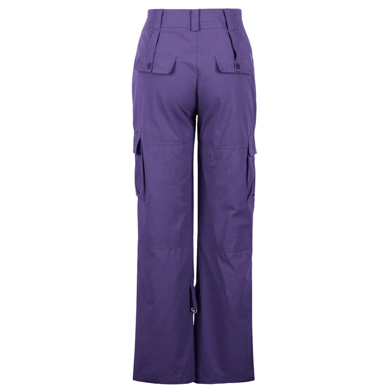 JWZUY Womens Solid Lightweight Zipper Pocket Cargo Pant Straight Wide Leg  Loose Fit Pants Full Length Button Closure Waist Pant Purple XXXXL 
