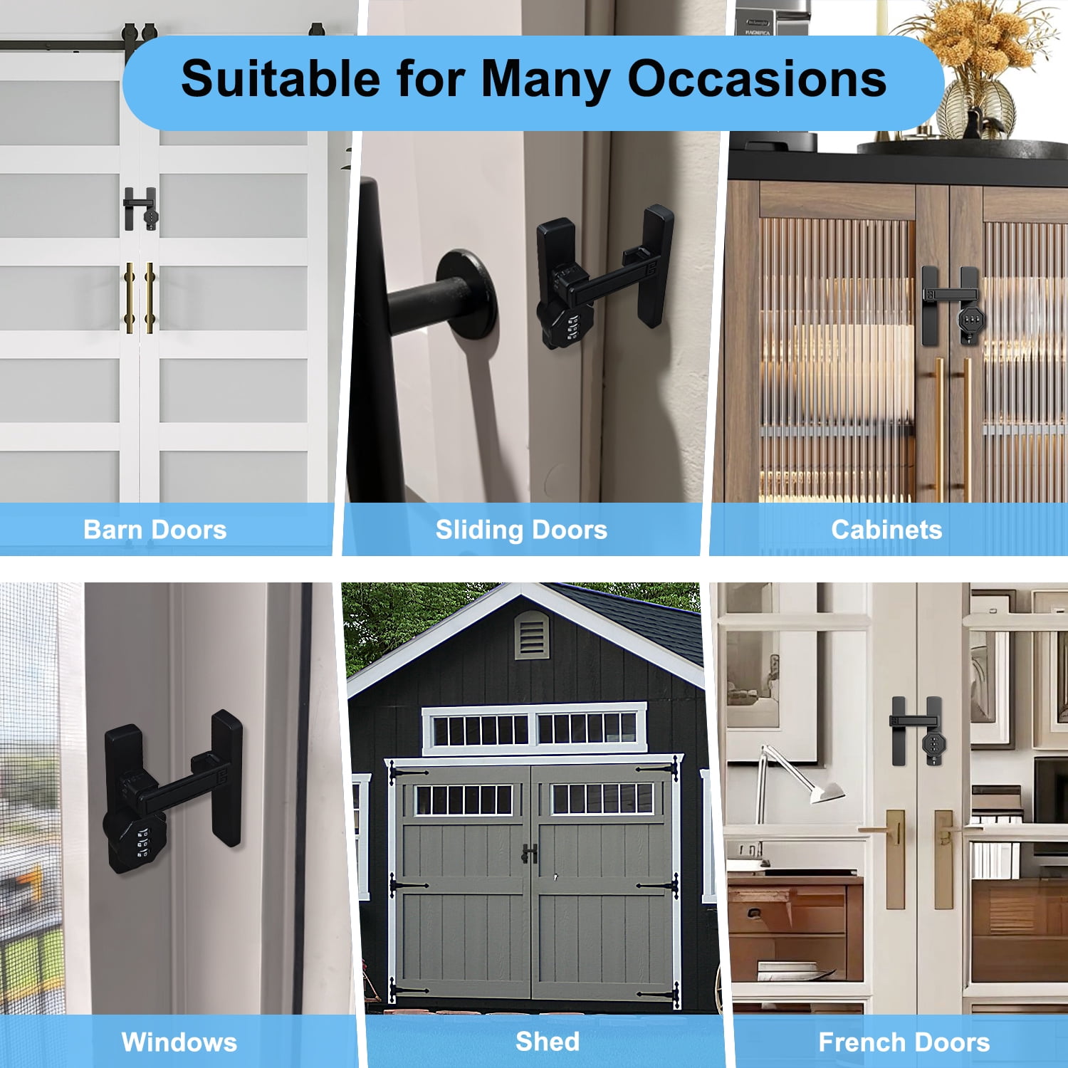 Barn Door Lock,90/180 Degree Flip Latch Gate Latches,Zinc Alloy Mechanical Combination Flip Latch for Barn Wood Sliding/Bifold French Shed Cabinet Window Bathroom Doors (Black,with 3-Digit Password)