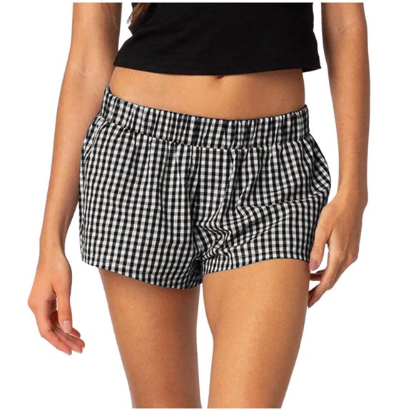 Women's Shorts Ladies Summer Casual Loose Checkered Plaid Beach Short Pants Black L