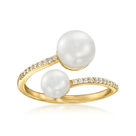 Ross-Simons 5.5-8mm Cultured Pearl and .10 ct. t.w. White Topaz Bypass Ring in 18kt Gold Over Sterling, Women's, Adult