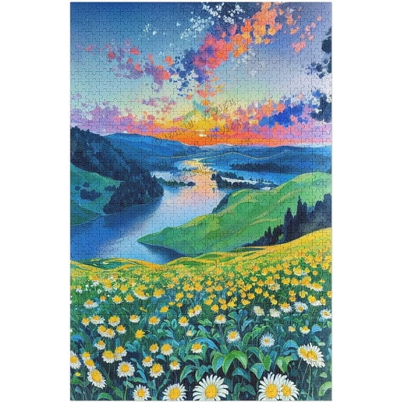 Premium 500 Piece Mountains Park Stream Oil Painting Jigsaw Puzzle, Challenging Family Activity Game for Adults