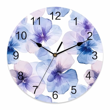 14 Inch Purple Blue Wall Clock, Pansy Flowers Abstract Watercolor Ombre Petals Battery Operated Silent Non Ticking Clocks, Easy to Read Round Wall Clock for Kitchen/Living Room/Bedroom/Bathroom