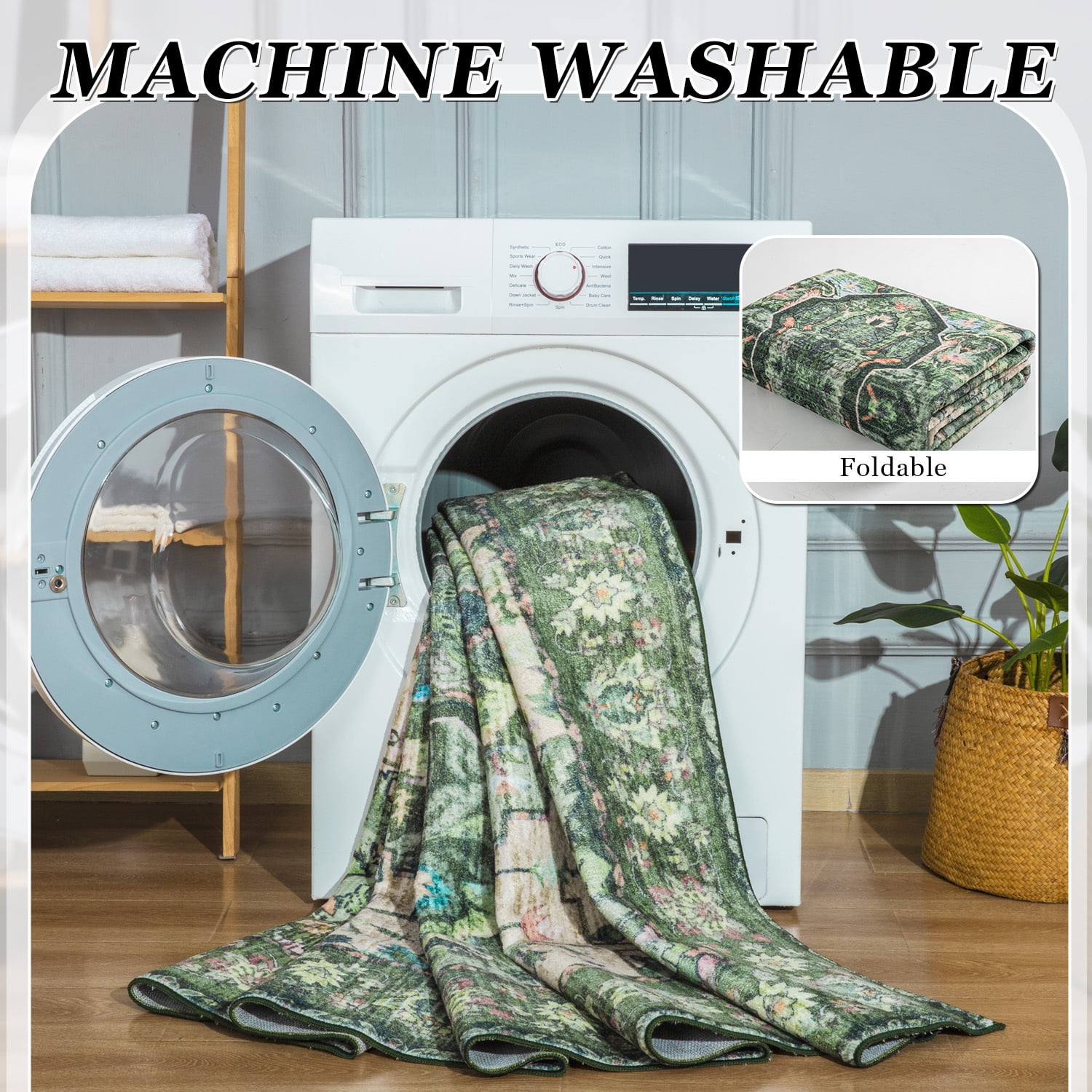 Wondo Washable Rugs Vintage Area Rug Rug for Living Room, Bedroom, Kids Room, 6' x 9', Green