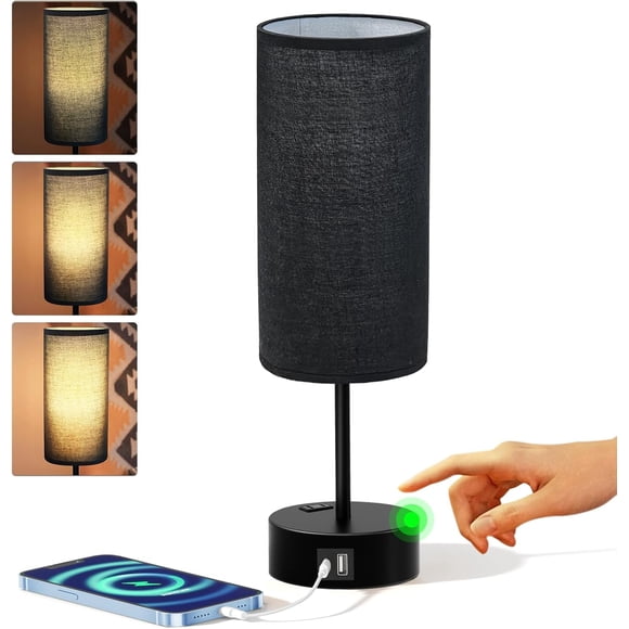 Small Bedside Lamp Touch Table Lamp with USB A+C Charging Ports & AC Outlet 3-Way Dimmable Nightstand Lamp with Linen Fabric Shade for Bedroom Living Room