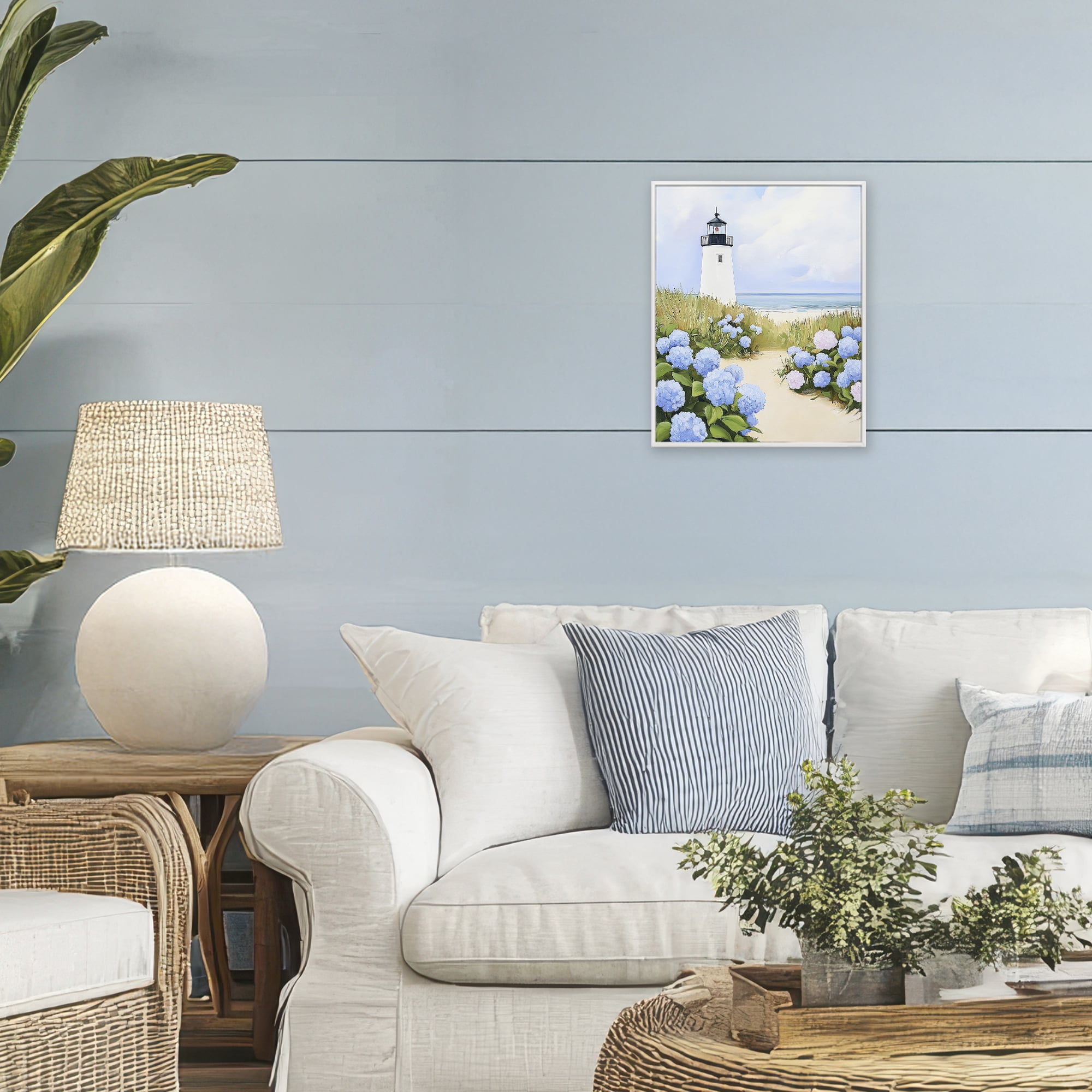 Stupell Industries Hydrangea Path Leading to Lighthouse White Framed Giclee Art, design by Sisi and Seb