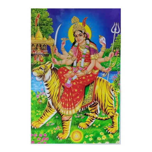 Bm Traders Maa Sherawali Durga Maa Golden Zari Art Work Poster Without Frame (24 X 36 Inches)