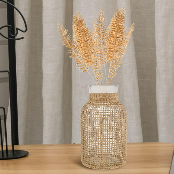 WHAMVOX Rattan Woven Flower Vase with Glass Insert for Home Decor Compact Khaki Tall Vase
