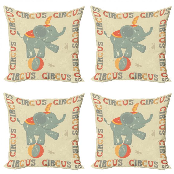 Circus Throw Pillow Cushion Case Pack of 4, Happy Smiling Circus Elephant Performing Balance on Ball Grungy Retro Texture Print, Modern Accent Double-Sided Print, 4 Sizes, Multicolor, by Ambesonne