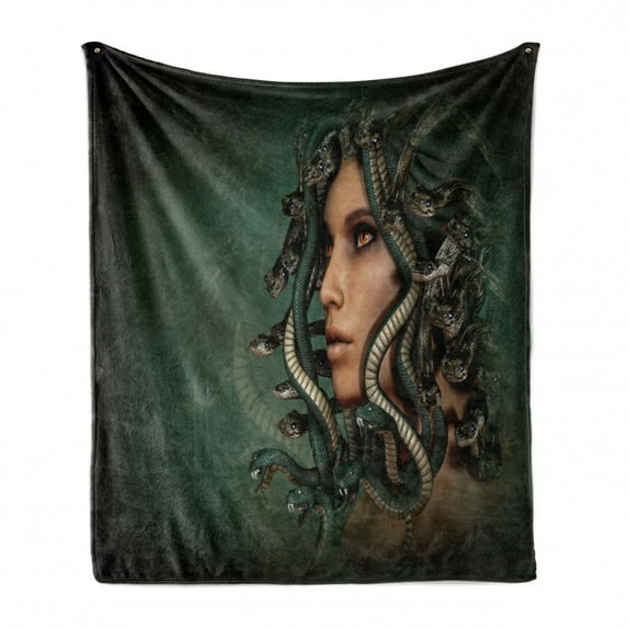 Mythological Soft Flannel Fleece Throw Blanket, Woman with Snakes on Her Head Occult Style, Cozy Plush for Indoor and Outdoor Use, 50" x 70", Green and Tan, by Ambesonne