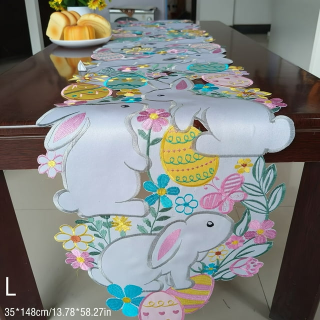 Easter Tablecloth, Bunny Eggs Embroidered Fabric, 60x80 Inches, Floral Pattern, for Home Decor, Wedding Tables, 100 Cotton, Machine Washable, Spring Party, Garden Events, Seasonal Table, Ihhxbz
