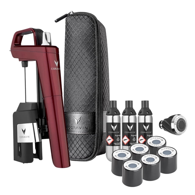 Coravin Timeless Six Plus Wine Preservation System - By-the-Glass Wine Saver - With 3 Pure Argon Gas Capsules, 6 Screw Caps & Wine Aerator - Burgundy