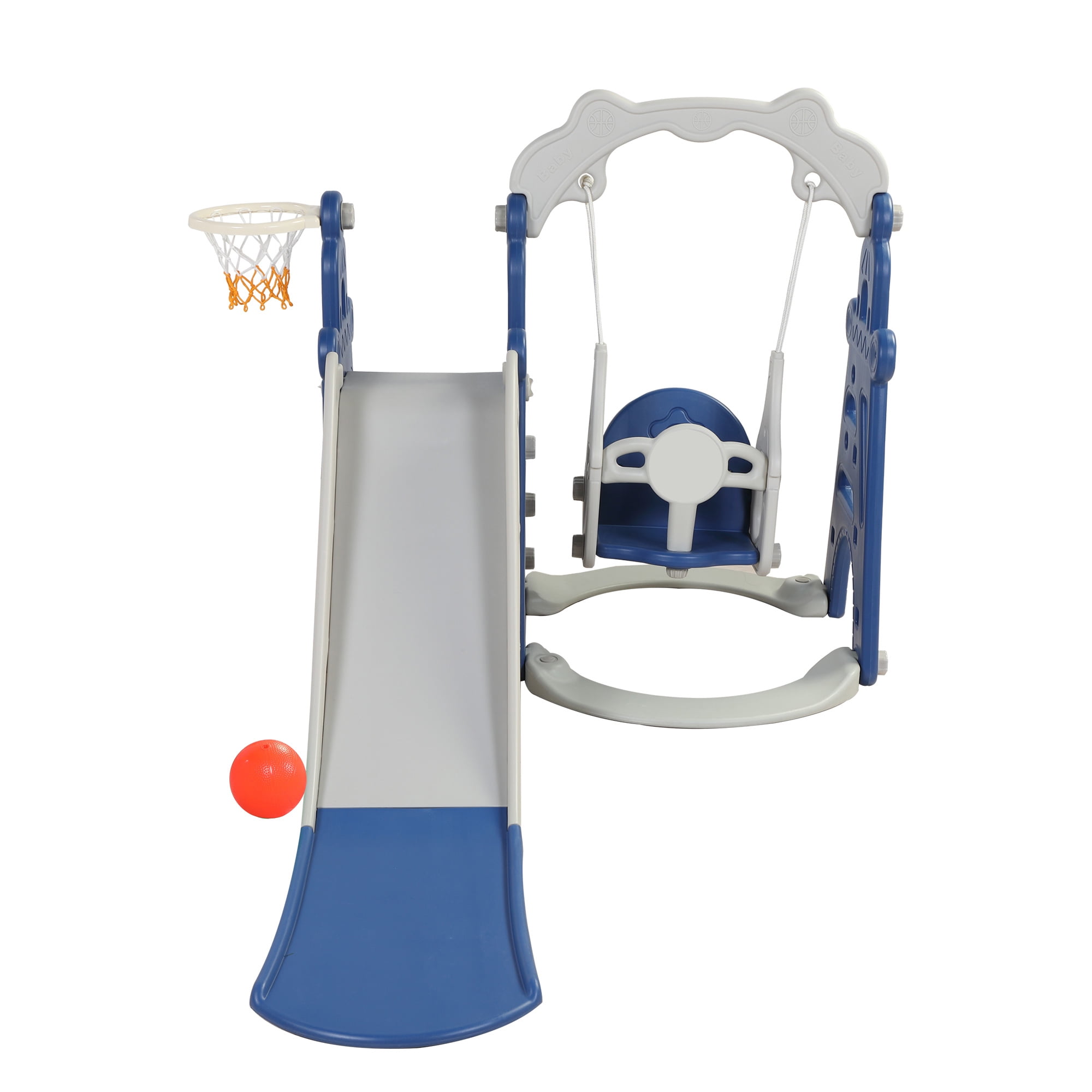 Lowestbest Three in One Slide, Swing, Basketball Hoop with Net-Blue and Gray. Lowestbest Three in One Slide, Swing, Basketball Hoop with Net-Blue and Gray.