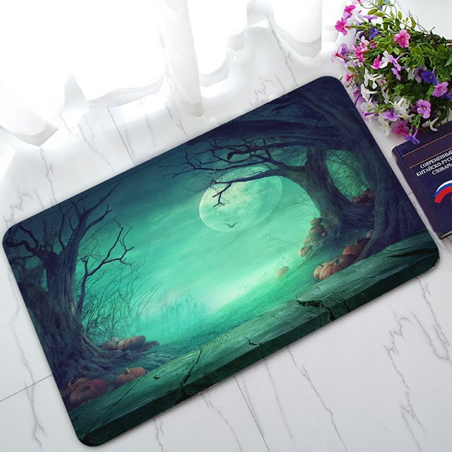 ABPHQTO Halloween Spooky Forest Trees Pumpkins Mesa de madera Felpudo Alfombra de entrada Alfombra de piso Decoración para el hogar 45x75 cm