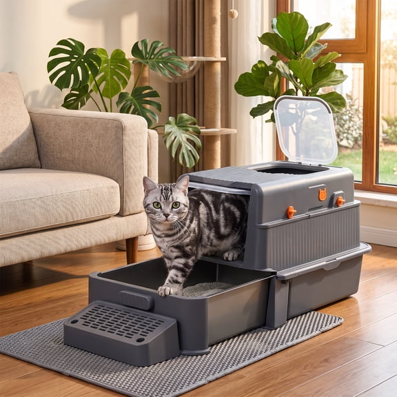 Stainless Steel Enclosed Cat Litter Box with Lid, Drawer and Mat, Front & Top Entry, Odor Control, Easy to Clean, Gray