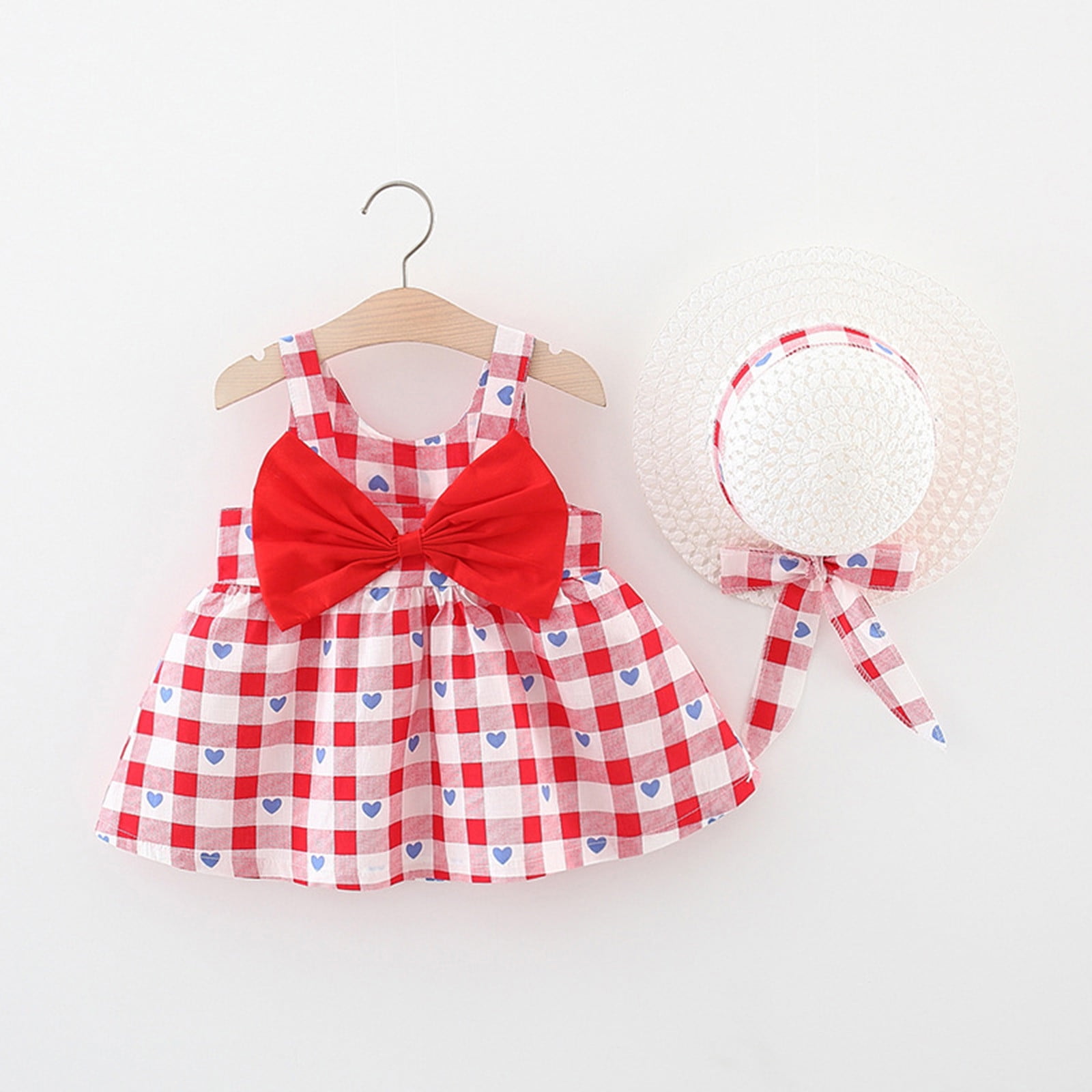 LSLJS Robe d'Été pour Bébé Fille avec Décoration Nœud Imprimé Fleuri et Bretelles avec Chapeau, Robes pour Filles