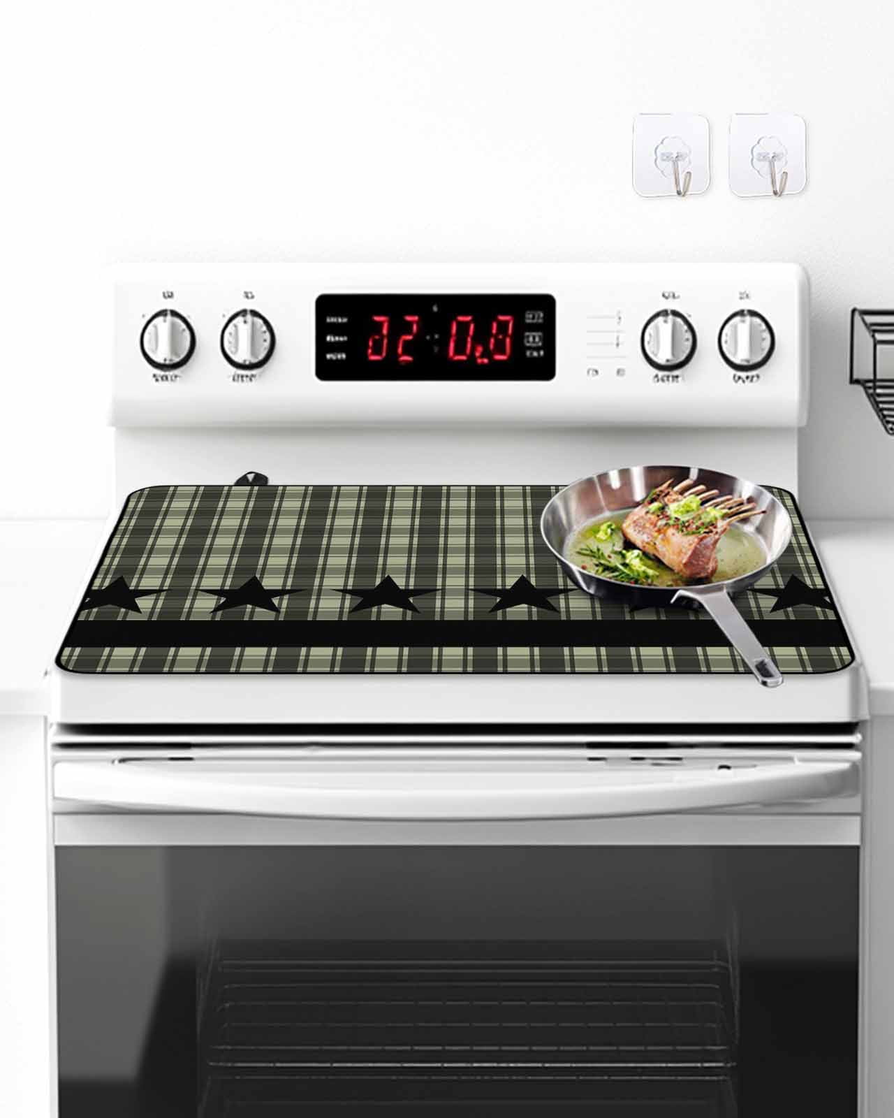 Stove Top Covers for Electric Stove, Sage Green Black Plaid Kitchen Glass Ceramic Electric Cooktop Covers 36"x21", Vintage Star Buffalo Check Rustic HeatResistant Oven/Countertop/Dishwasher Protector