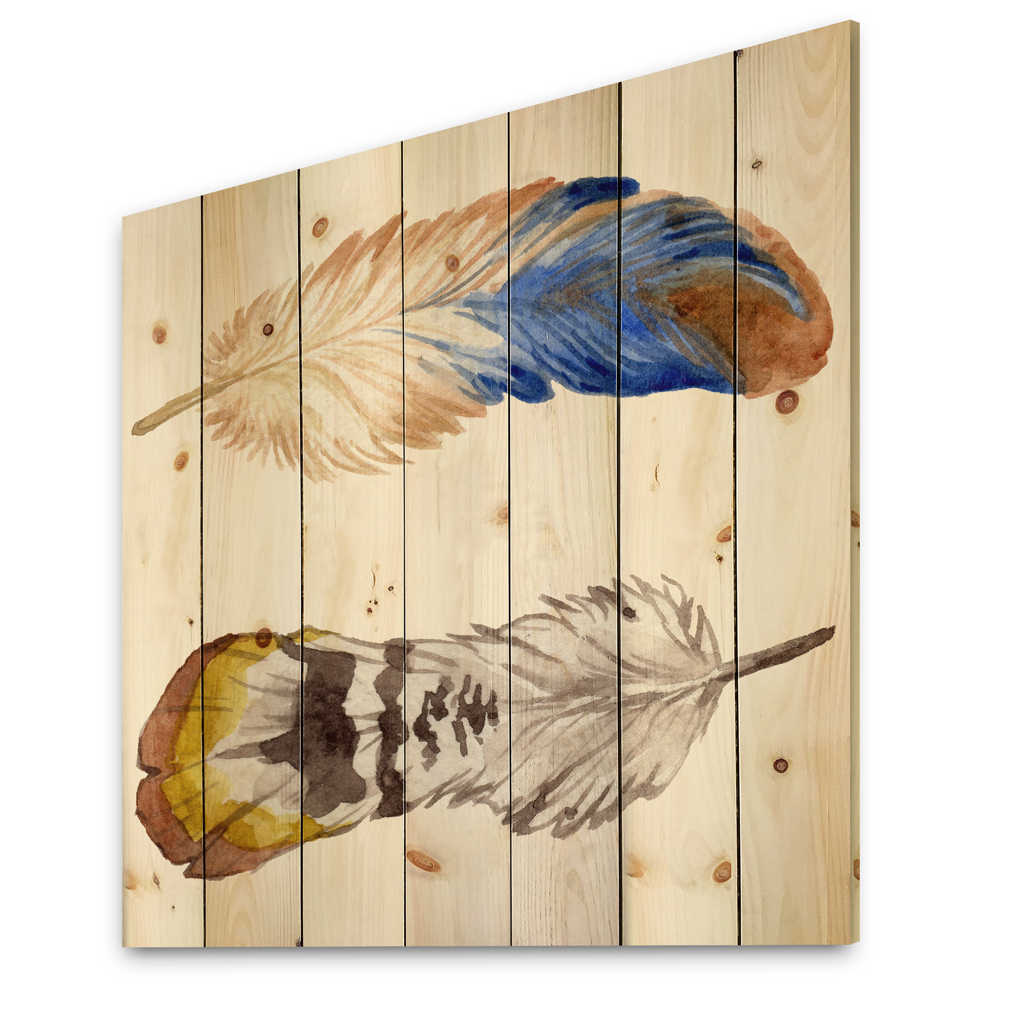 Designart 'Colourful Boho Art Feather Set III' Bohemian & Eclectic Print on Natural Pine Wood