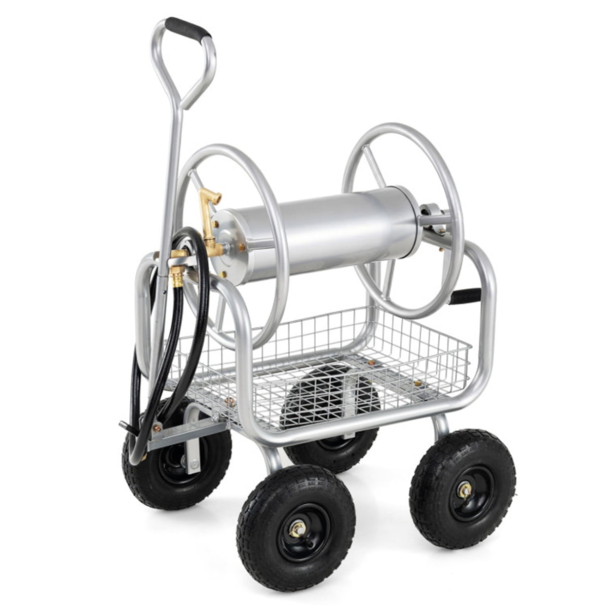 ZHICHUN  Silver Heavy Duty Garden Hose Reel Cart With 10 Inch Pneumatic Wheels Large Capacity Hose Winder With Storage Basket And Brass Fittings For Lawn Yard Outdoor Watering