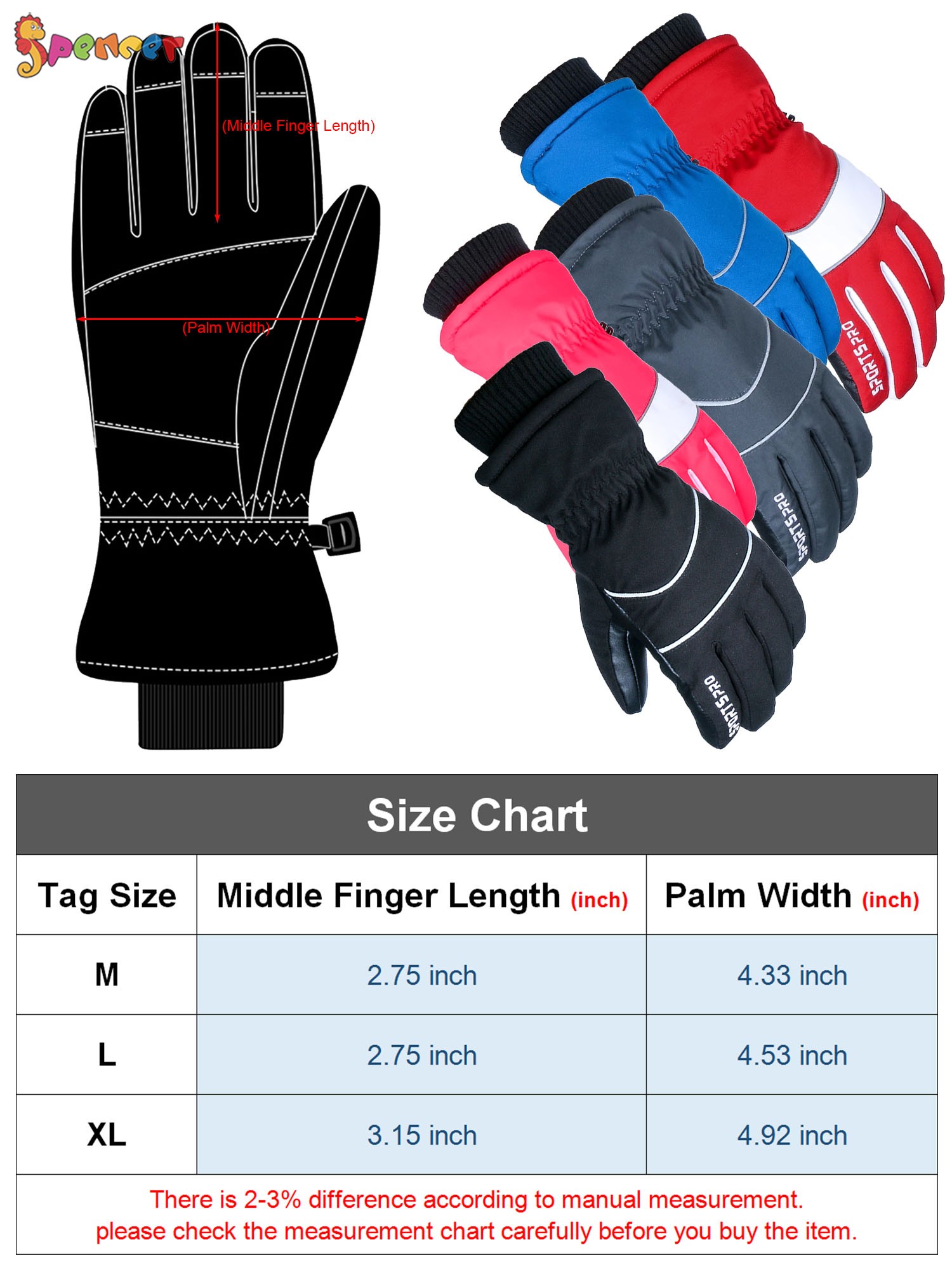 Spencer Ski & Snow Gloves for Men Women, Waterproof Winter Touchscreen Snowboard Gloves for Cold Weather Skiing and Snowboarding - image 3 of 8