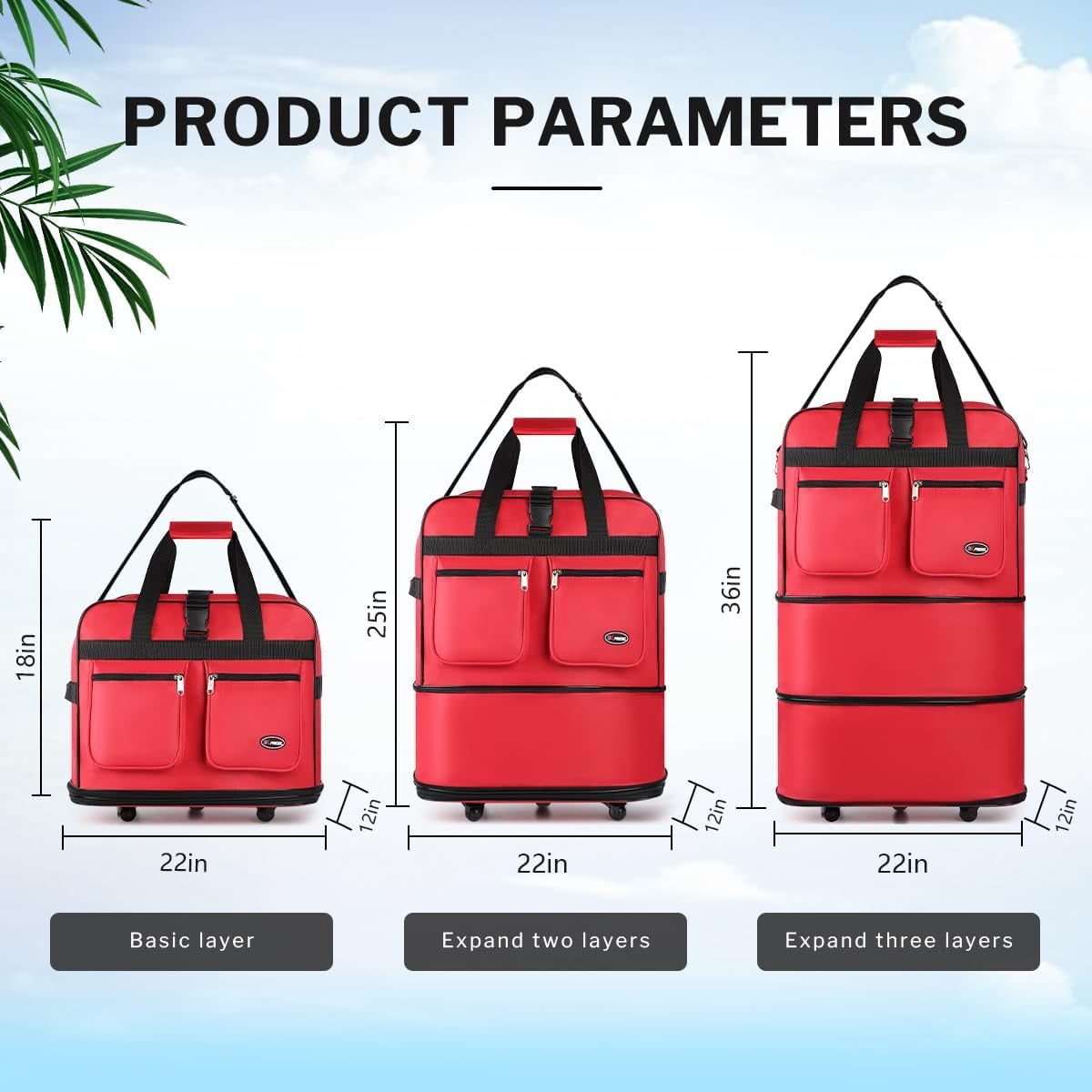 30" 36" 40" Rolling Wheeled Duffel Bag Spinner Luggage Expandable (Red, 36")
