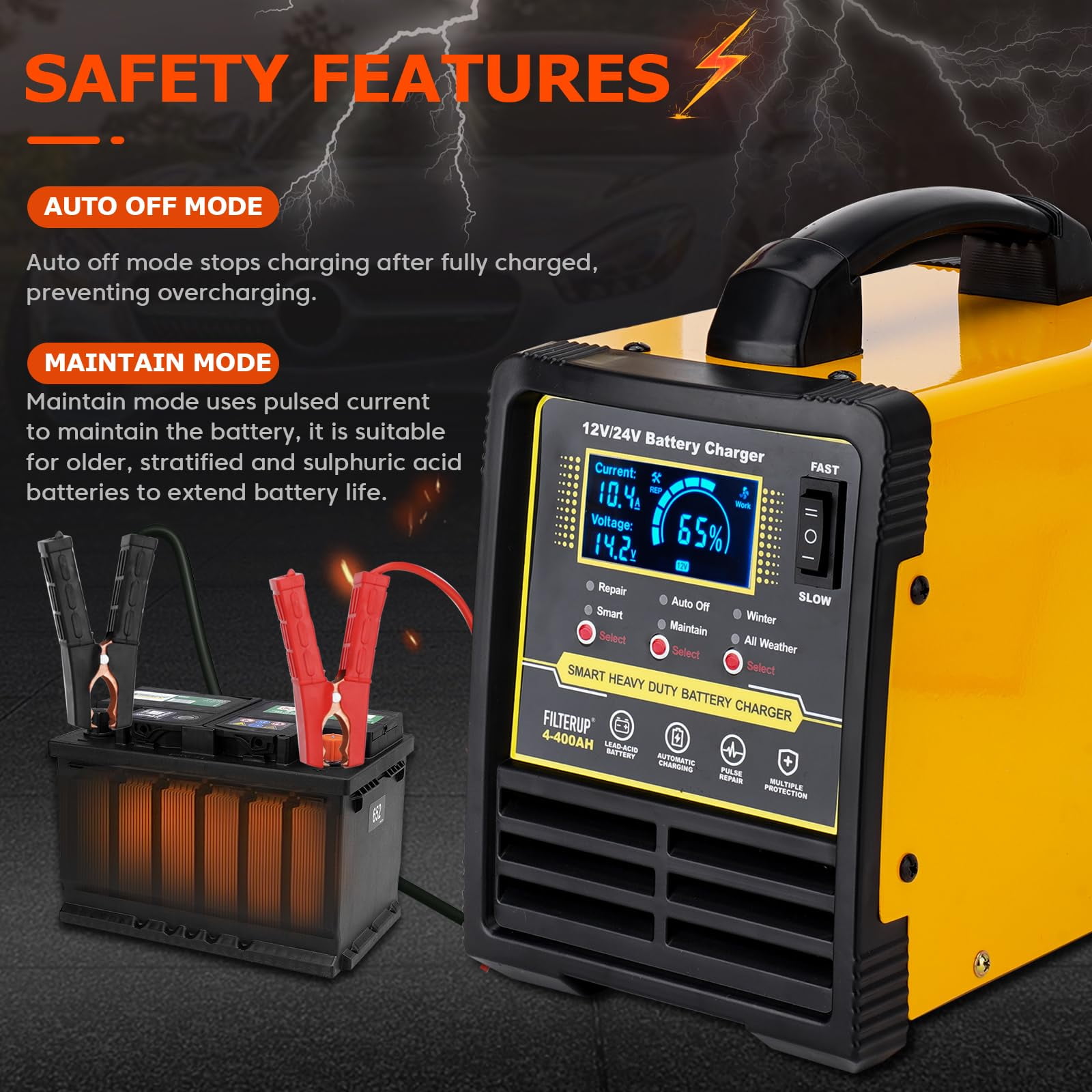 12V 24V Lead-Acid Battery Charger Heavy Duty, 0-15A Smart Automatic Battery Maintainer For Car Truck Boat Motorcycle RV Lawn Mower (Yellow)