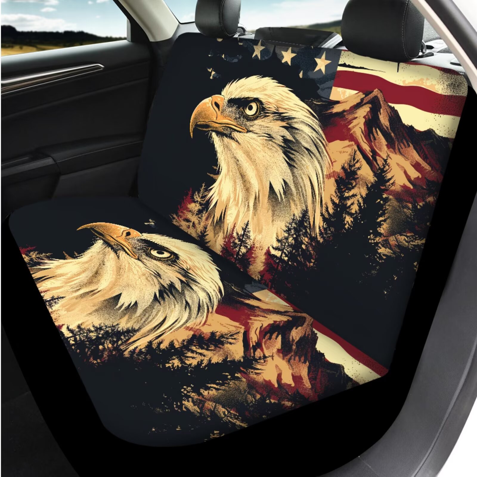 Garronmavis American Eagle Flag Car Seat Covers Full Set 14 Pack Car Headrest Protector Steering Wheel Cover Armrest Cover Seat Belt Covers Key Ring and Cup Coaster Fit for Most Cars, SUV
