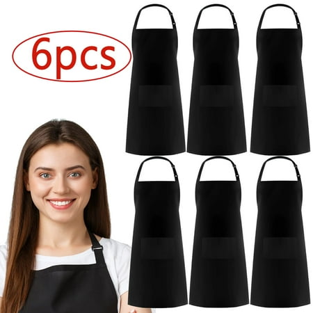 

6 Pack Cotton Adjustable Bib Apron with 2 Pockets Cooking Kitchen Aprons for Women Men Chef Black