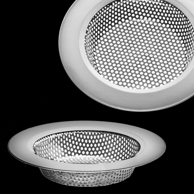 Colador de drenaje, paquete de 2 coladores de drenaje para fregadero de cocina, colador de fregadero de acero inoxidable, borde ancho grande de 4,5 pulgadas de diámetro.