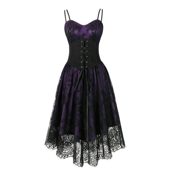 Mingw Women’s Vintage Steampunk Dress Lolita Halloween Costumes Spaghetti Strap Bandage Dresses Floral Lace Dress