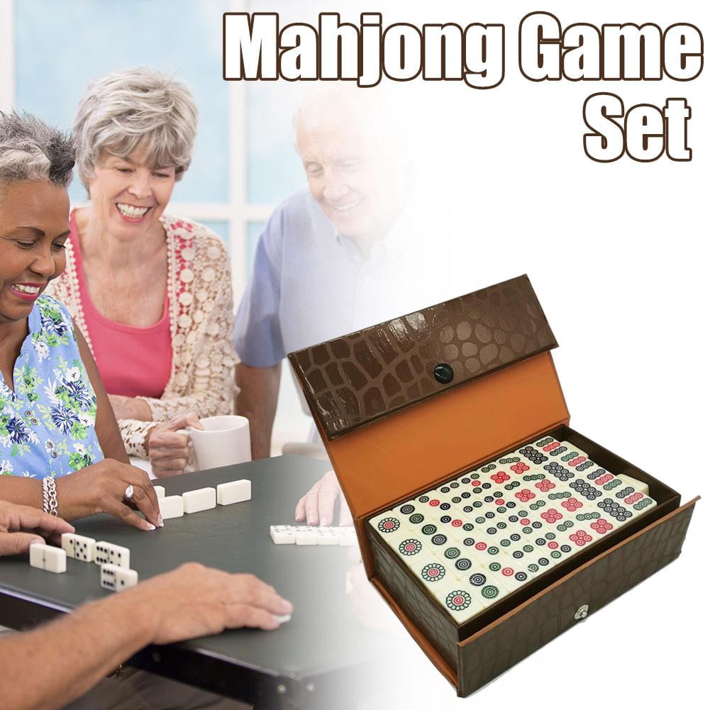 Chinese Mahjong Set with 144 Tiles Mini Mahjong Set with Brown Carrying Case Portable Lightweight Game for Travel Camping Family Gatherings Friends Party