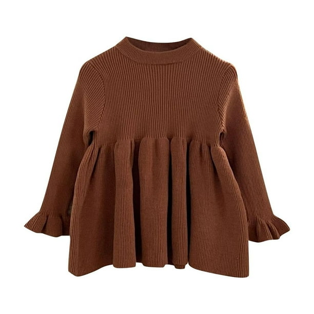 Odeerbi Niñas Vestido de Punto Jersey Otoño Invierno Algodón Vestidos Color Sólido Puños Acampanados Vestido de Punto Cuello Redondo Manga Larga