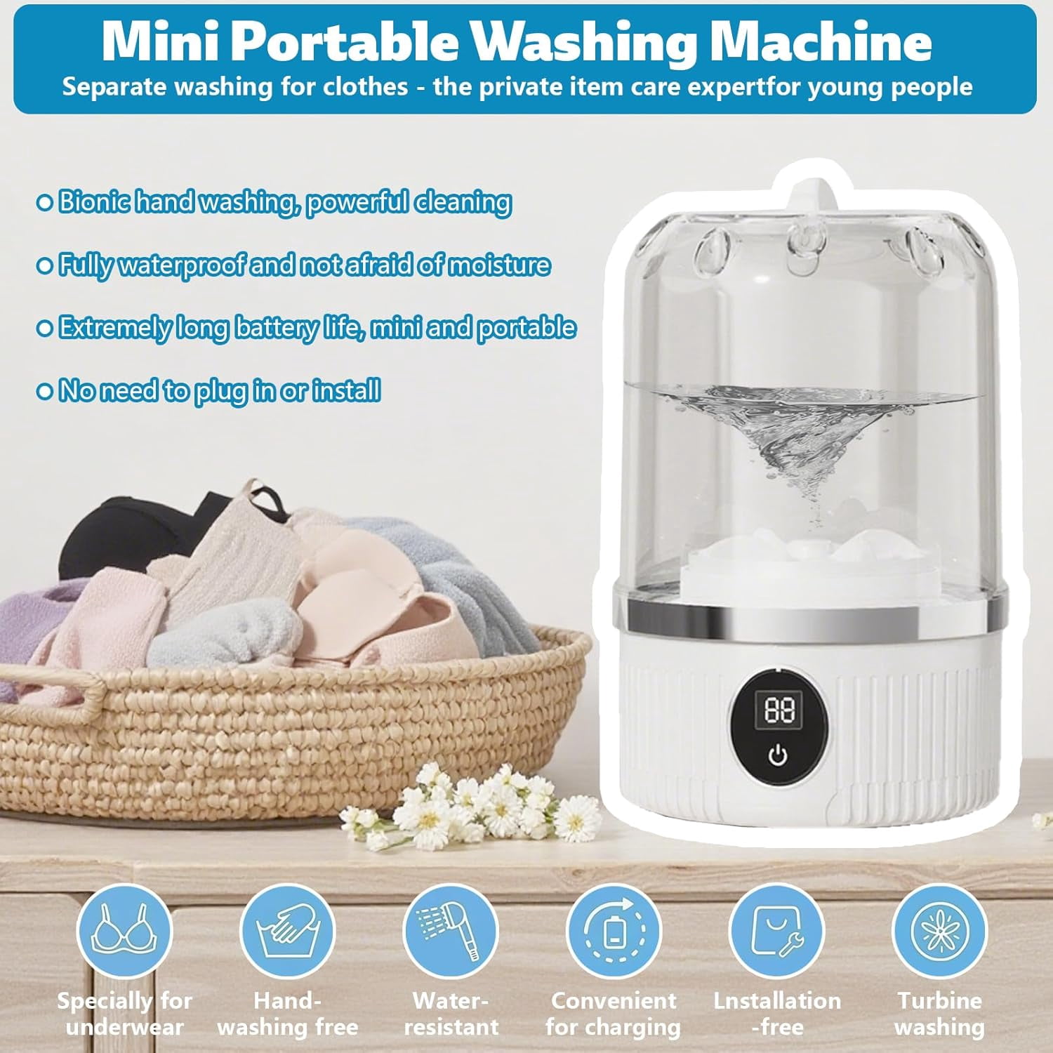 Smart laundry cup, portable ultrasonic mini washing machine - a rechargeable travel underwear laundry solution with a compact design suitable for dorms, RVs, and camping. It washes small items such a