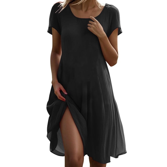 Robes en Faux Lin et Rayonne à Col Rond Noir pour Femmes, Manches Courtes, Midi, Hauteur Genou, Plage, Brunch, Hawaïennes, Tropicales, Basiques, Automne Été 2025, Mode