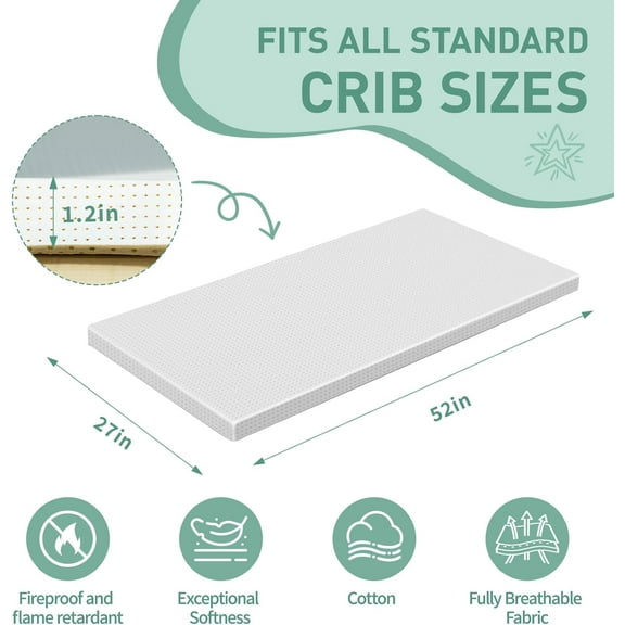 Washable Crib Mattress Topper, Breathable Memory Foam with Non-Slip Cover, 52x27 Inch