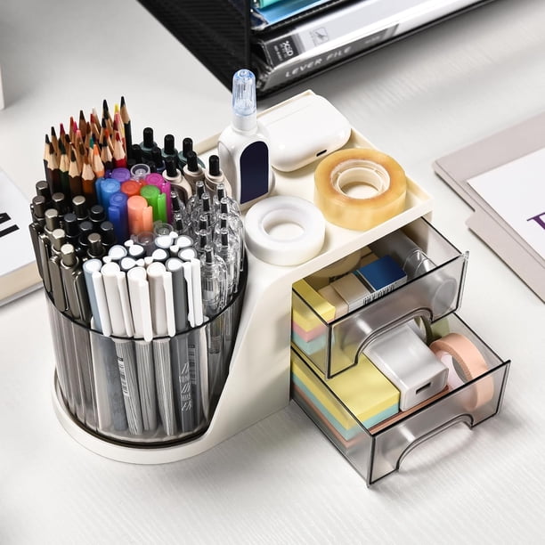 LYFJMUS Organizador De Escritorio Giratorio Con 2 Soportes Para Bolígrafos, Soporte Giratorio De 360 Grados, Organizador De Escritorio Y Accesorios Para Suministros De Arte, Caja De Almacenamiento