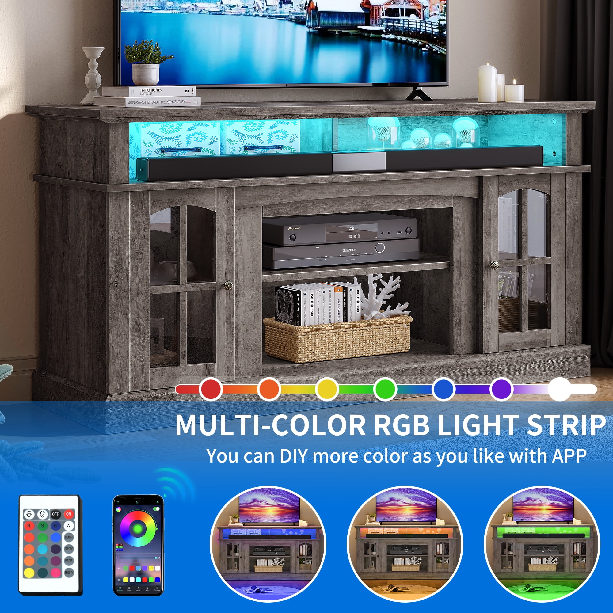 Dextrus Farmhouse LED TV Stand for TVs up to 65'', Wood TV Media Console Entertainment Center for Living Room, Rustic Gray