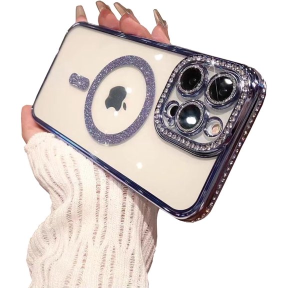 Case for iPhone 14 Pro Max Case Magnetic Glitter Full Camera Len Protector[Compatible with MagSafe] Clear Diamond Rhinestone Shockproof Cute Crystal Bling Case for 14 Pro Max 6.7''-Blue