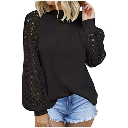 

Bospose O-Neck Shirt For Women Long Sleeve Shirt Women Corset Top Lace Top Black Blouse Lady Fashion Hollow Casual Loose Top Pullover Top Xl