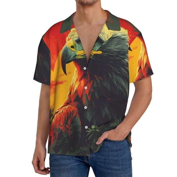 Balery Hawaiian Style Bald Eagle Camisa Casual de Manga Corta con Botones para Hombre, Texturizada, Estilo Cubano, para Playa, Verano-Medium