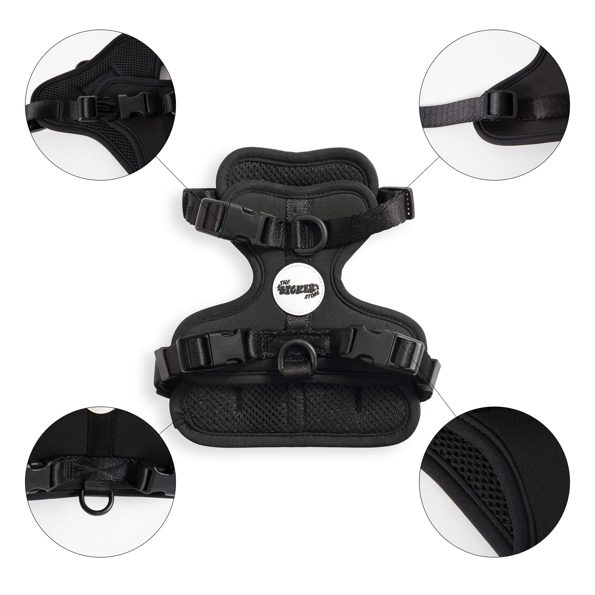 THE LICKER STORE Arlo Extra Small Adjustable Soft Padded No Pull Pet Harness with 3 Buckles and 3 Leash Clips, Black, HNS1000I