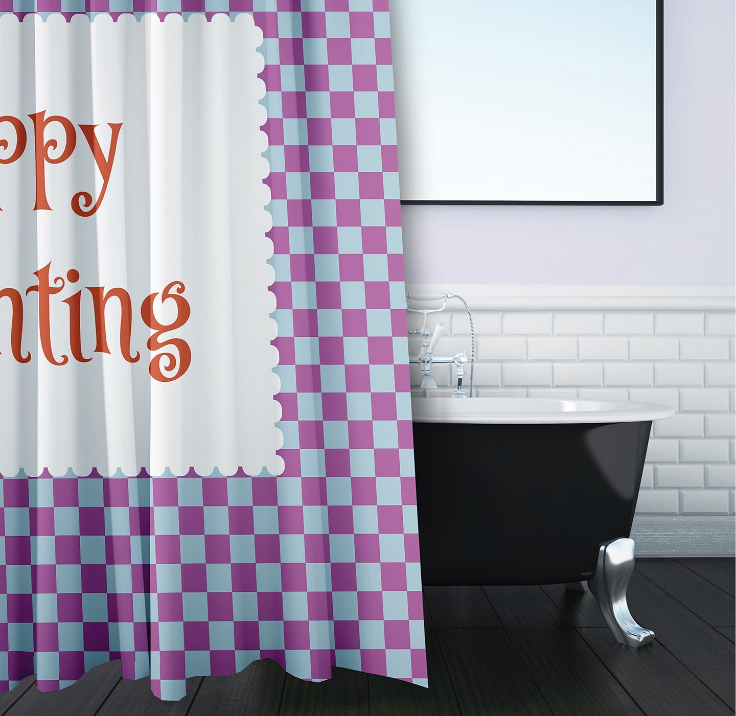 Simply Daisy 70" W x 73" L Halloween Happy Haunting Checks Polyester Shower Curtain, Orchid [1 Ct]